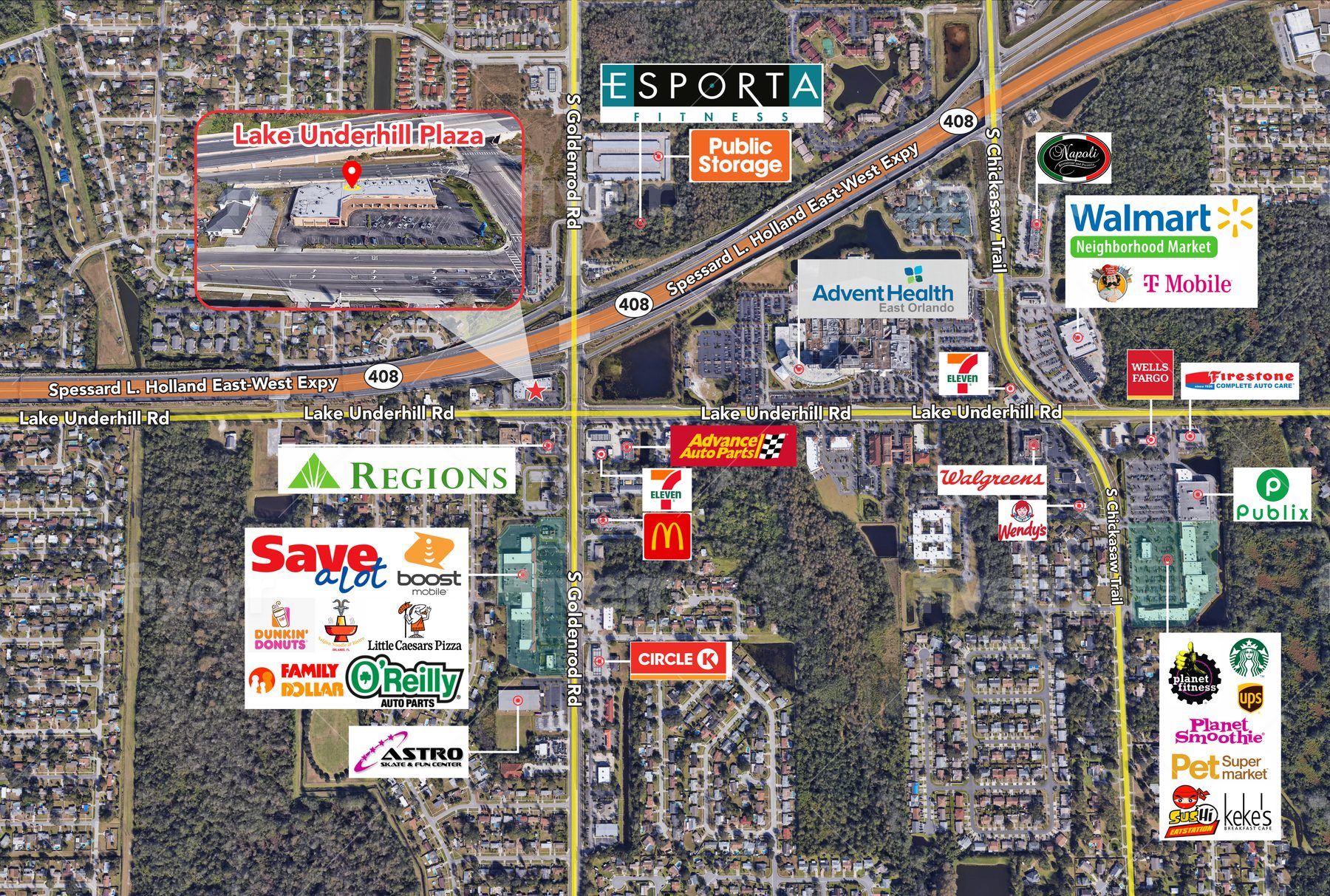 Annotated aerial map of Lake Underhill Plaza showing proximity to AdventHealth East Orlando, SR 408, Goldenrod Road, Walmart, Publix and other nearby demand generators