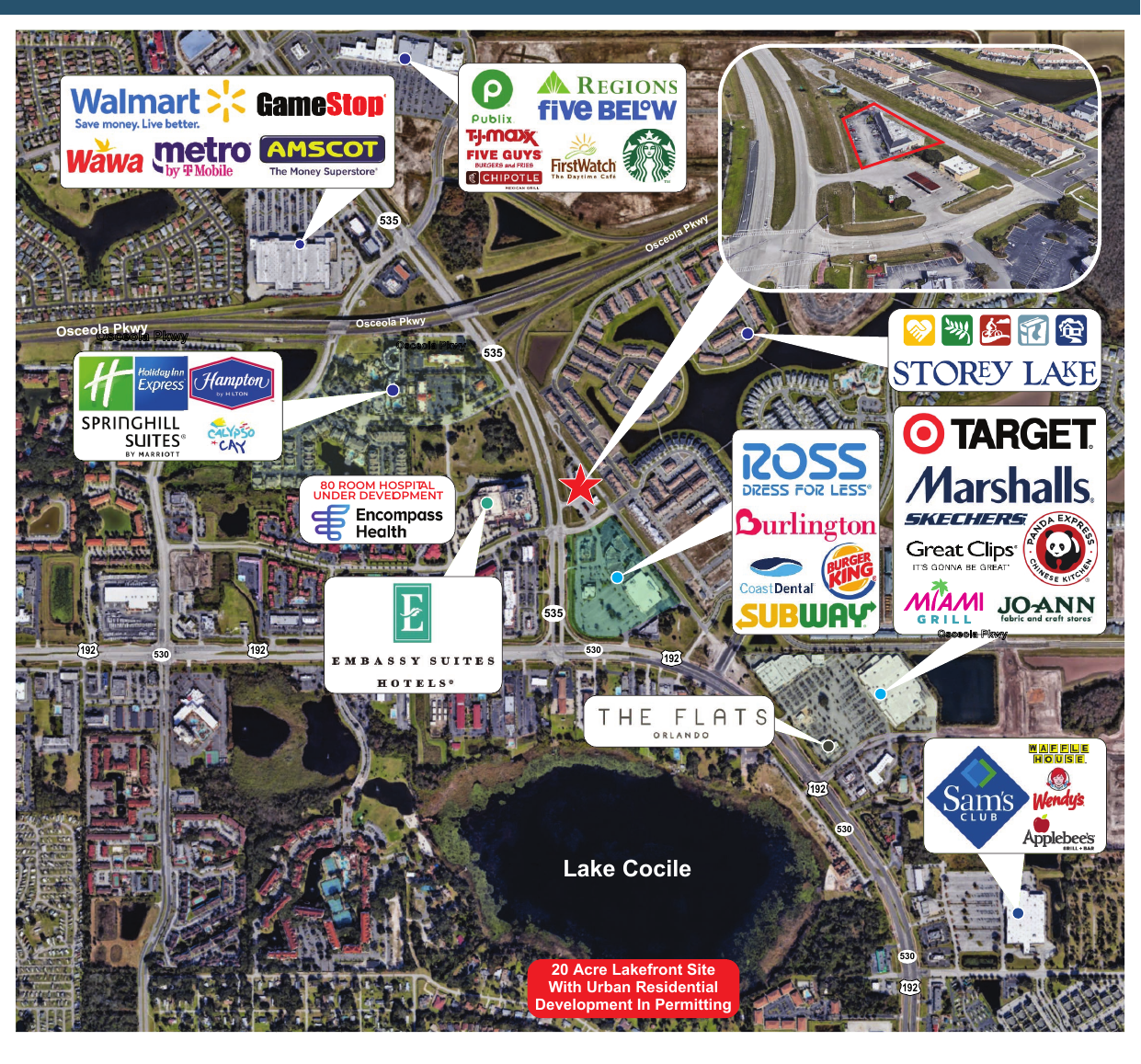 Annotated aerial map showing Vineland Plaza relative to Embassy Suites, Osceola Parkway, SR 535, Sunrise City, Storey Lake, and surrounding retail