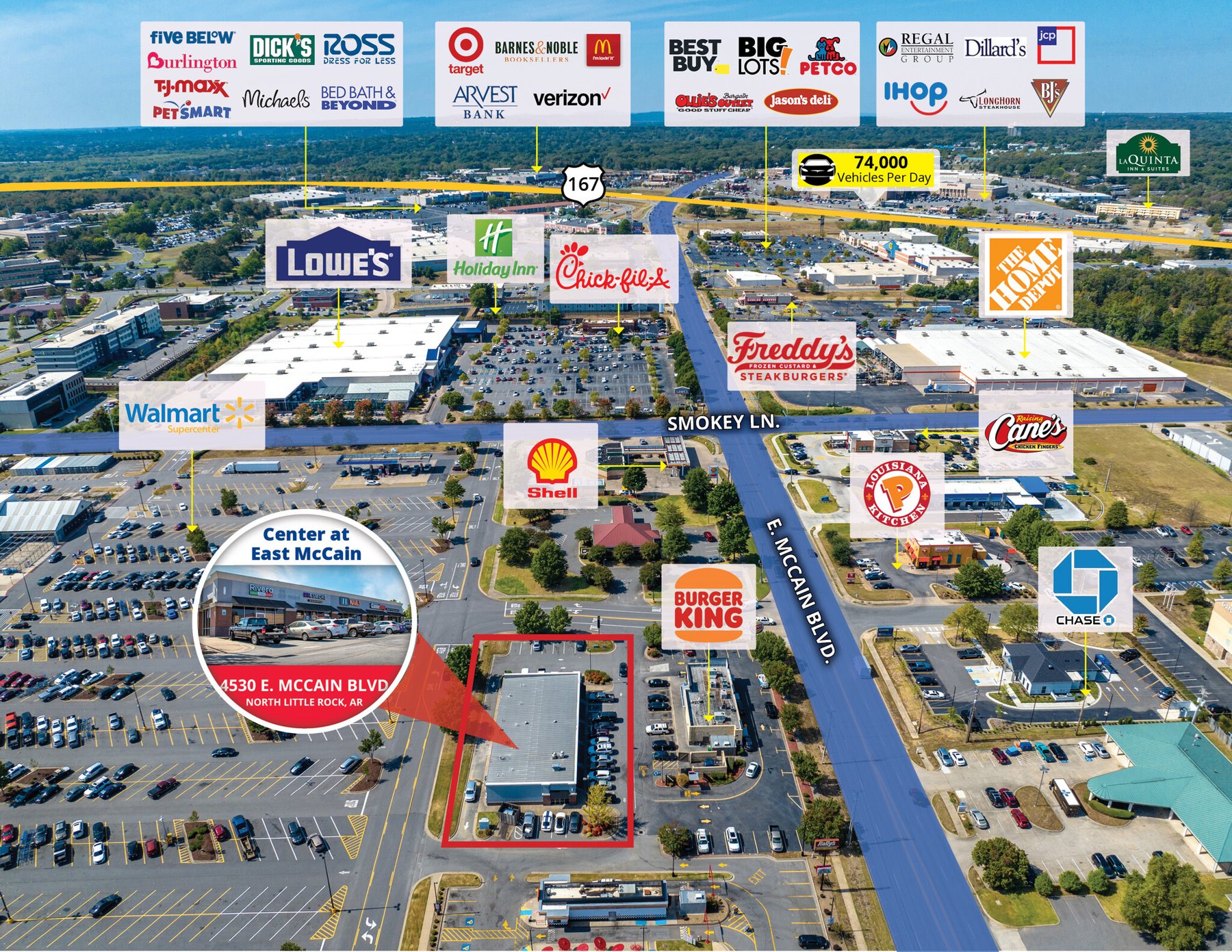 Annotated regional aerial showing Center at East McCain surrounded by Walmart, Lowe's, Target, Best Buy, Home Depot and other national retailers