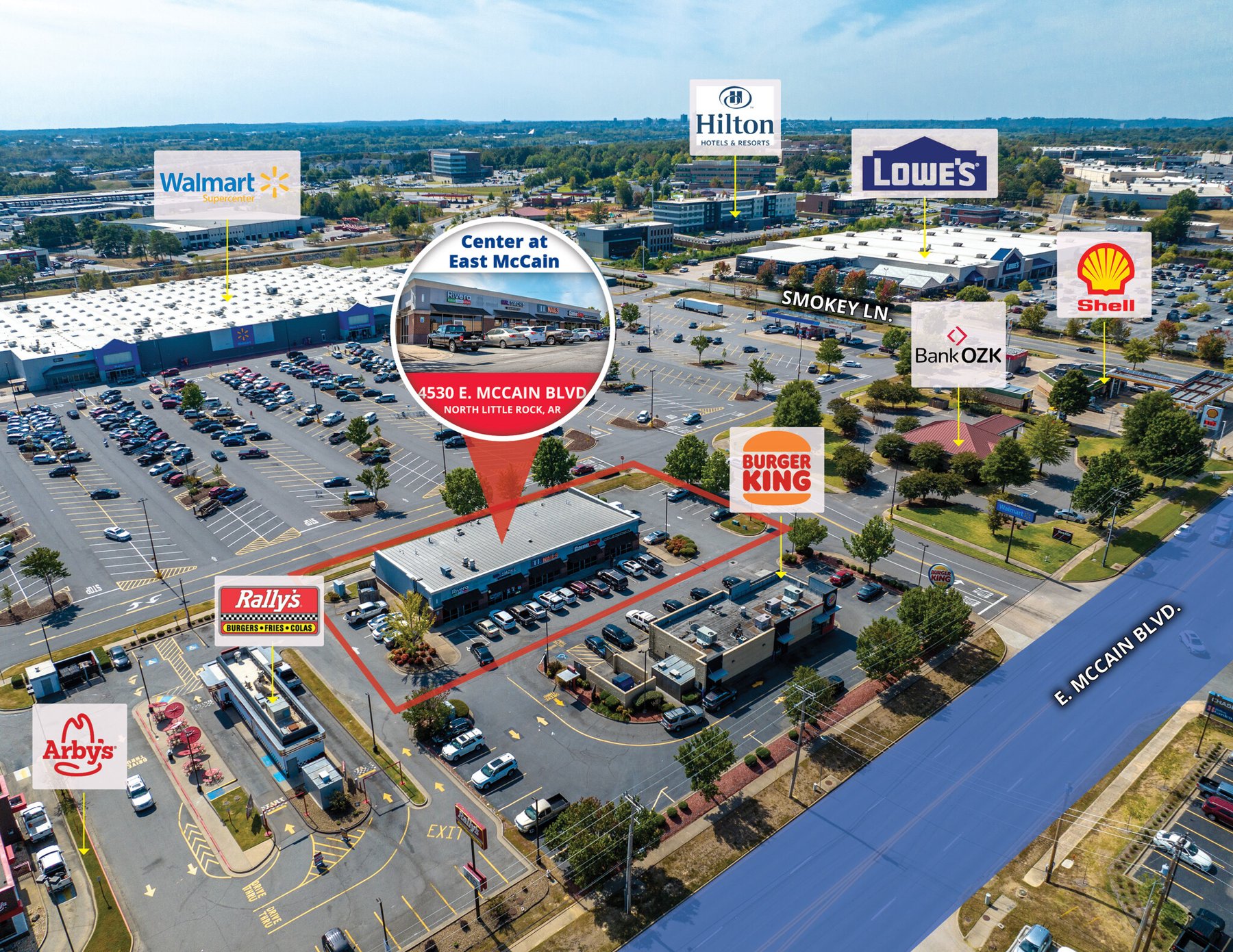 Close-up aerial showing Center at East McCain with Walmart Supercenter and Lowe's