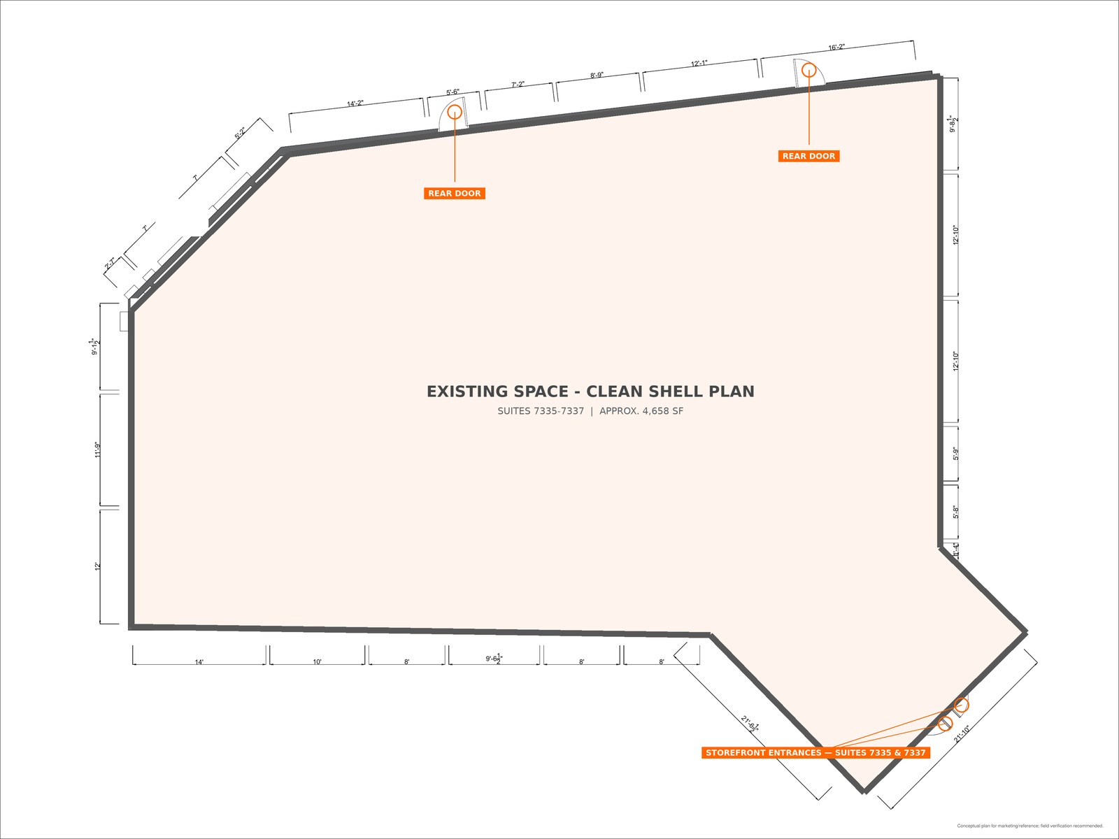 Floor plan of available Suites 7335-7337 at Lake Underhill Plaza, approximately 4,658 SF clean shell space