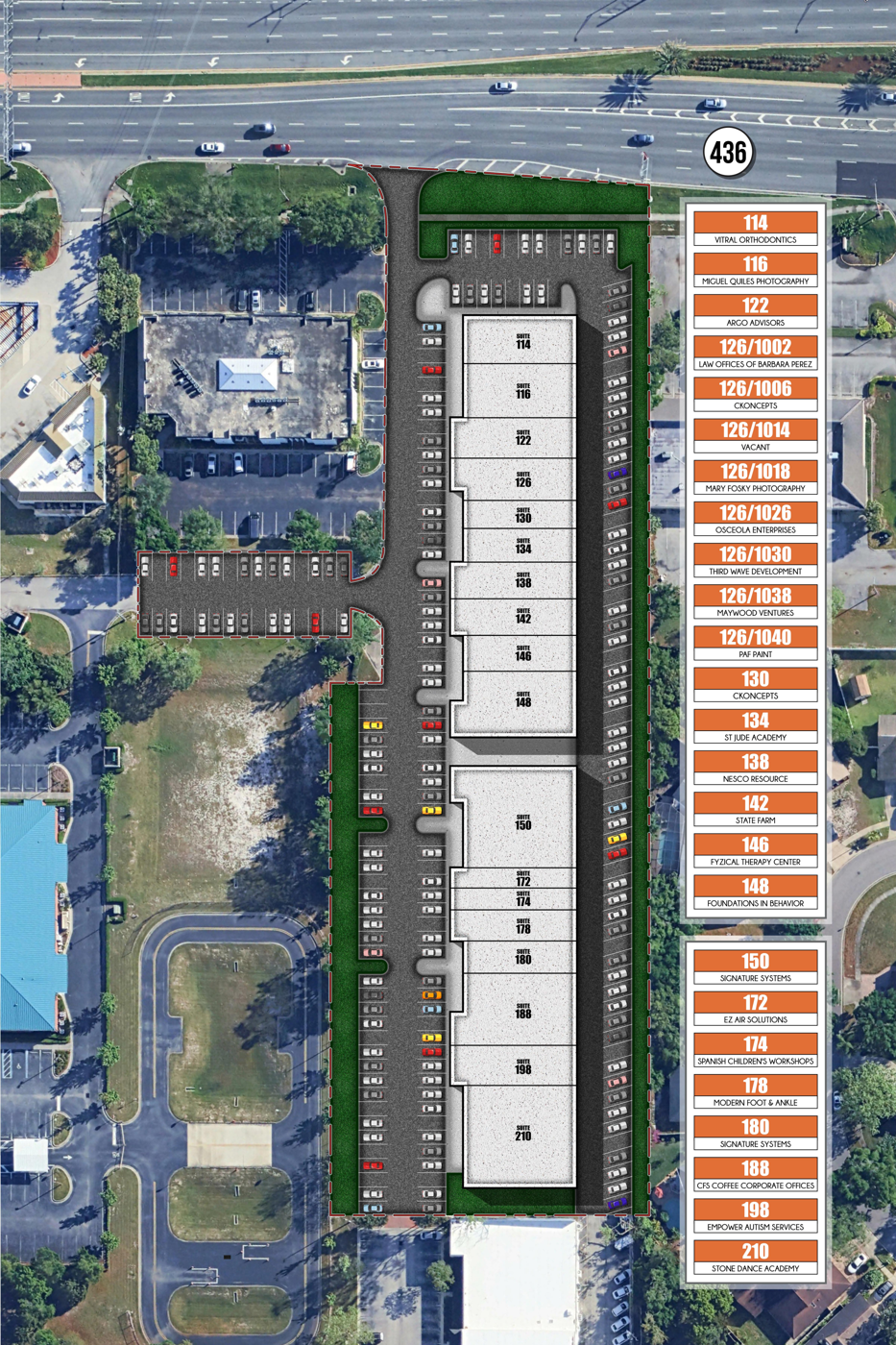 Wilshire Plaza site plan showing Building 1 and Building 2 with suite numbers